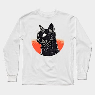 Cat's Solar Stroll: Vintage Grunge Sun & Black Cat Graphic Tee Long Sleeve T-Shirt